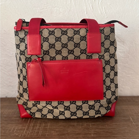 Gucci navy and red canvas and leather tote EUC - Picture 1 of 8